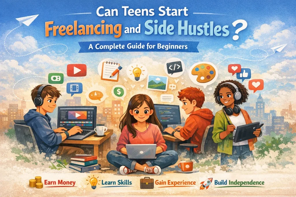 Teens working on laptops doing freelancing and side hustles online including video editing, coding, and digital design